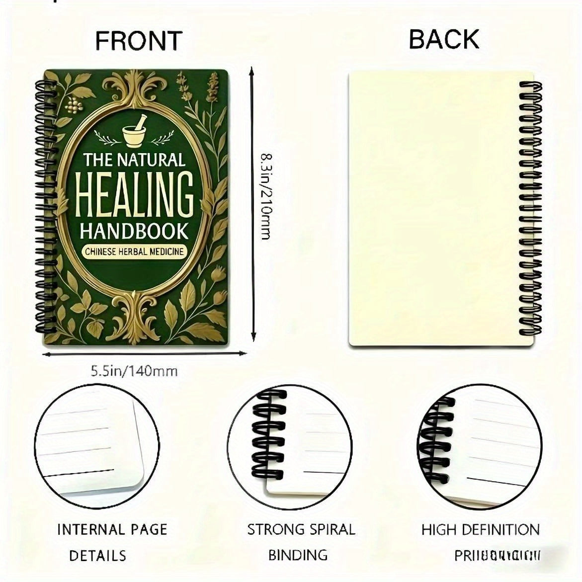 NEW Arrivals Natural Herbal Medicine Handbook: 50 Page Spiral Notebook, 17 Sections, 13.97x21.08 cm, Elegant Golden and Green Design, Suitable for Herbal Relax and Overall Health, Ideal Gift for Family Members