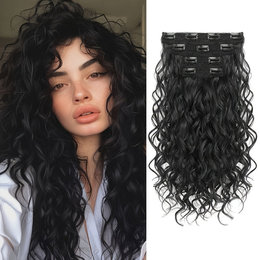 4pcs Clip-On Short Curly Wave Hair Extensions for Women - Natural Black Volume Boosting Clip-On Wig, 36cm Length for Parties, Daily Use & Easy Application, Suitable for All Beige Tones & Hair Types