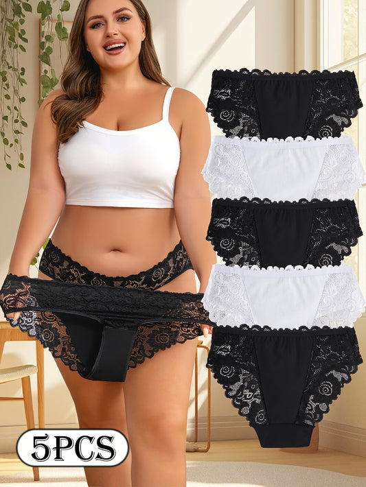 For Curvy Ladies UK XL-5XL (18-26) Plus Size 5 PCS Set Sexy Lace Panties, Comfortable and Breathable Mid-rise Underwear, Semi-transparent Lace Panels with Floral Prints, Perfect for Summer Beach Bikinis