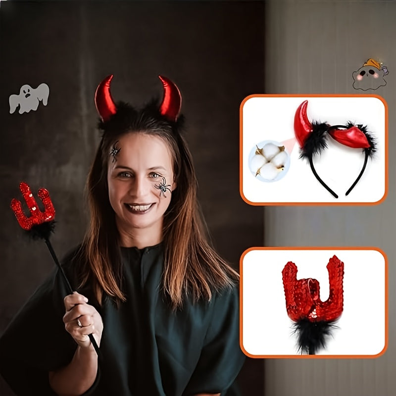 3 PCS Set Halloween Little Devil Wand Devil Horn Headband Performance Dance Party Props, Costume Accessory Set, Halloween Party Props, Halloween Headband Prop, Devil Wand And Horns, Little Devil Aesthetic, Costume-Inspired Pr