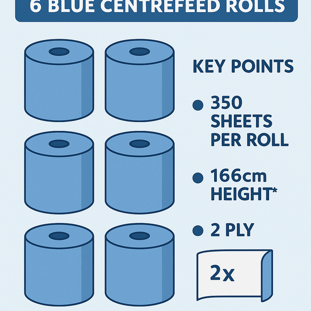 NEW Arrivals Extra Large 6 x Blue Paper Rolls 100m - 2 Ply Embossed Centre Feed - Hand Towel Tissue Rolls Bathroom Kitchen Furniture Home Office Cleaning Tools Sets