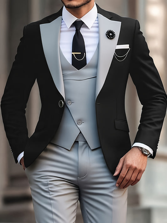 3 PCS Set UK 32-48 Size Navy Blue and Gray Color Men's Formal Suit, Blazer + Vest + Trousers, Groomsmen Business, Dinner Red Carpet Stylish and Elegant, High-Quality Men's Wear, Perfect for Weddings, Business, and Parties