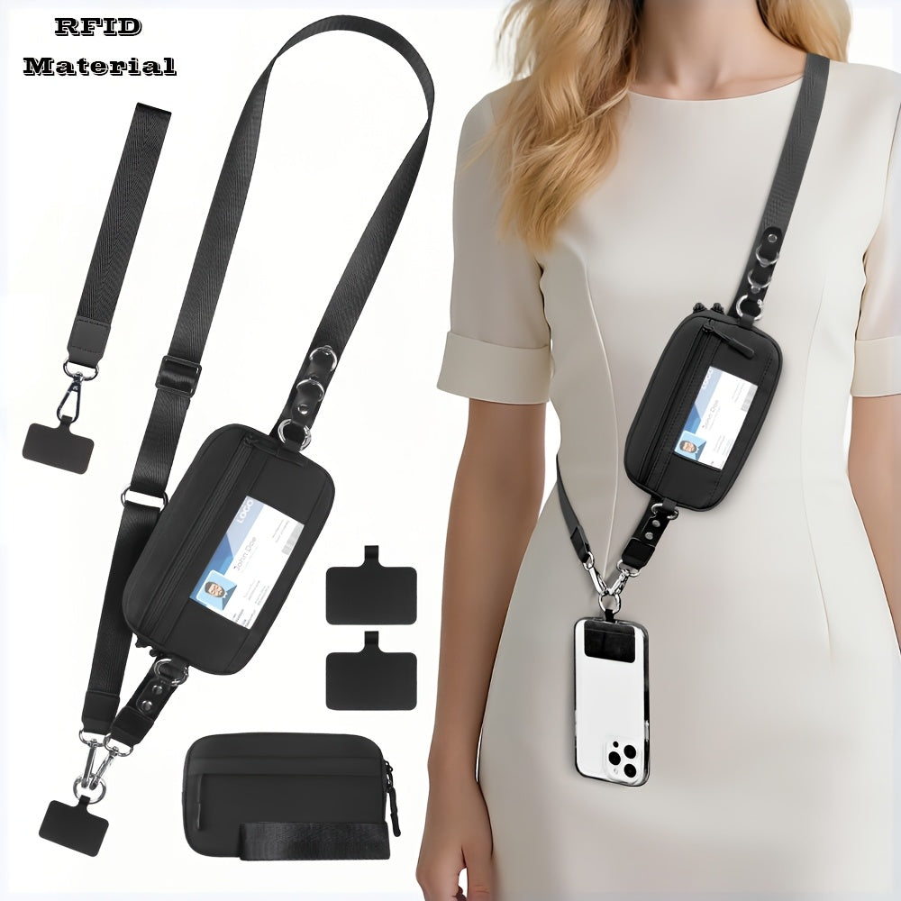 2 PCS Set RFID-Clip and Go Strap for Phone with Wallet Crossbody Phone Lanyard | Includes Wrist Strap and Zippered Anti-Theft Pocket, Suitable for Everyday Travel, Universal Multi-functional Mobile Phone Lanyard, Compatible w