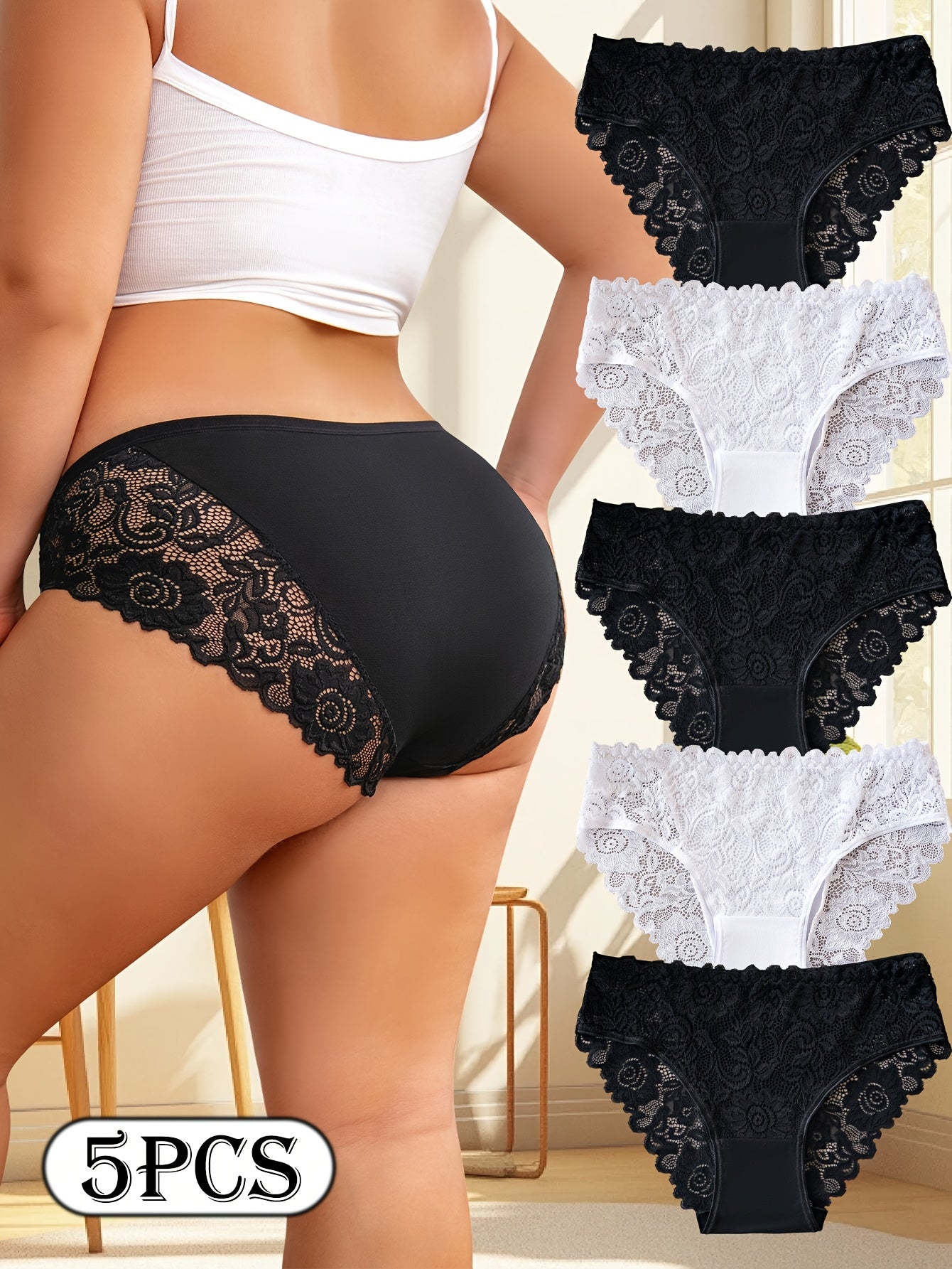 For Curvy Ladies UK XL-5XL (18-26) Plus Size 5 PCS Set Sexy Lace Panties, Comfortable and Breathable Mid-rise Underwear, Semi-transparent Lace Panels with Floral Prints, Perfect for Summer Beach Bikinis