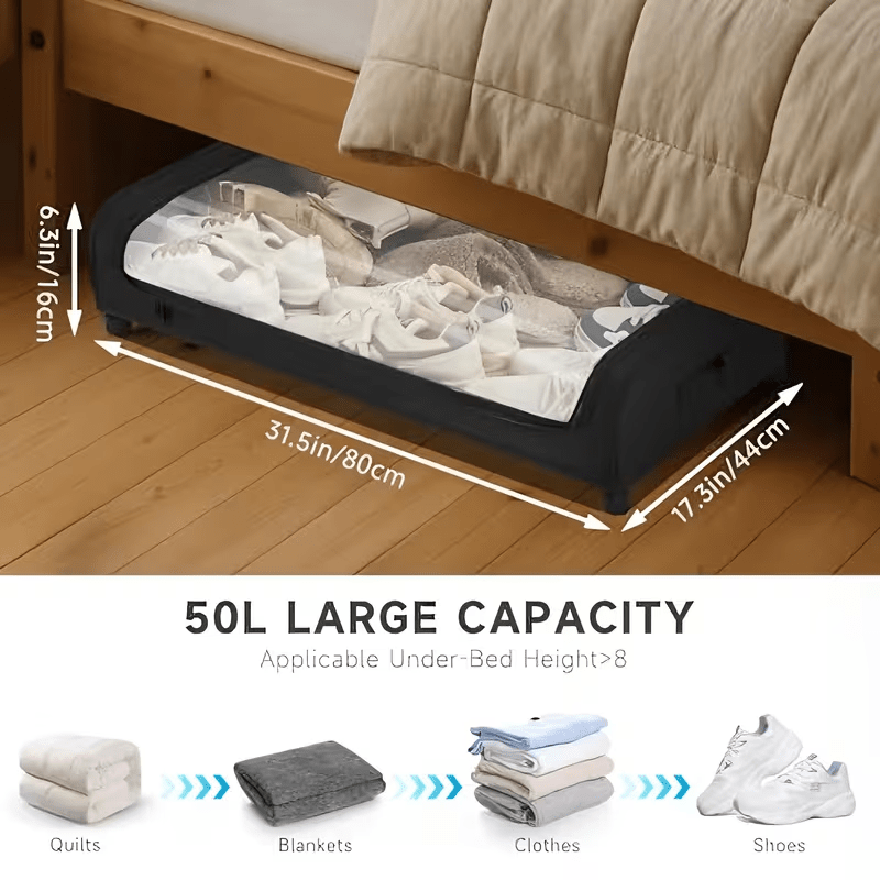 2 Sets, Underbed Storage Box, with Wheels Lid, 48L Metal Frame, Bed Box, Organizer, Storage Bag, Foldable Underbed Box for Clothes, Shoes, Blankets, Bedding, Home Furniture Supplies