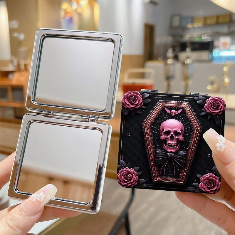 Gothic Skull Coffin Compact Mirror - A Dual-Sided Folding for Makeup Mirror, Perfect for Travel, Featuring Rose Embellishments, Ideal for Halloween Gothic Style, a Pocket Mirror for Women, And a Distinctive Gift for Makeup En