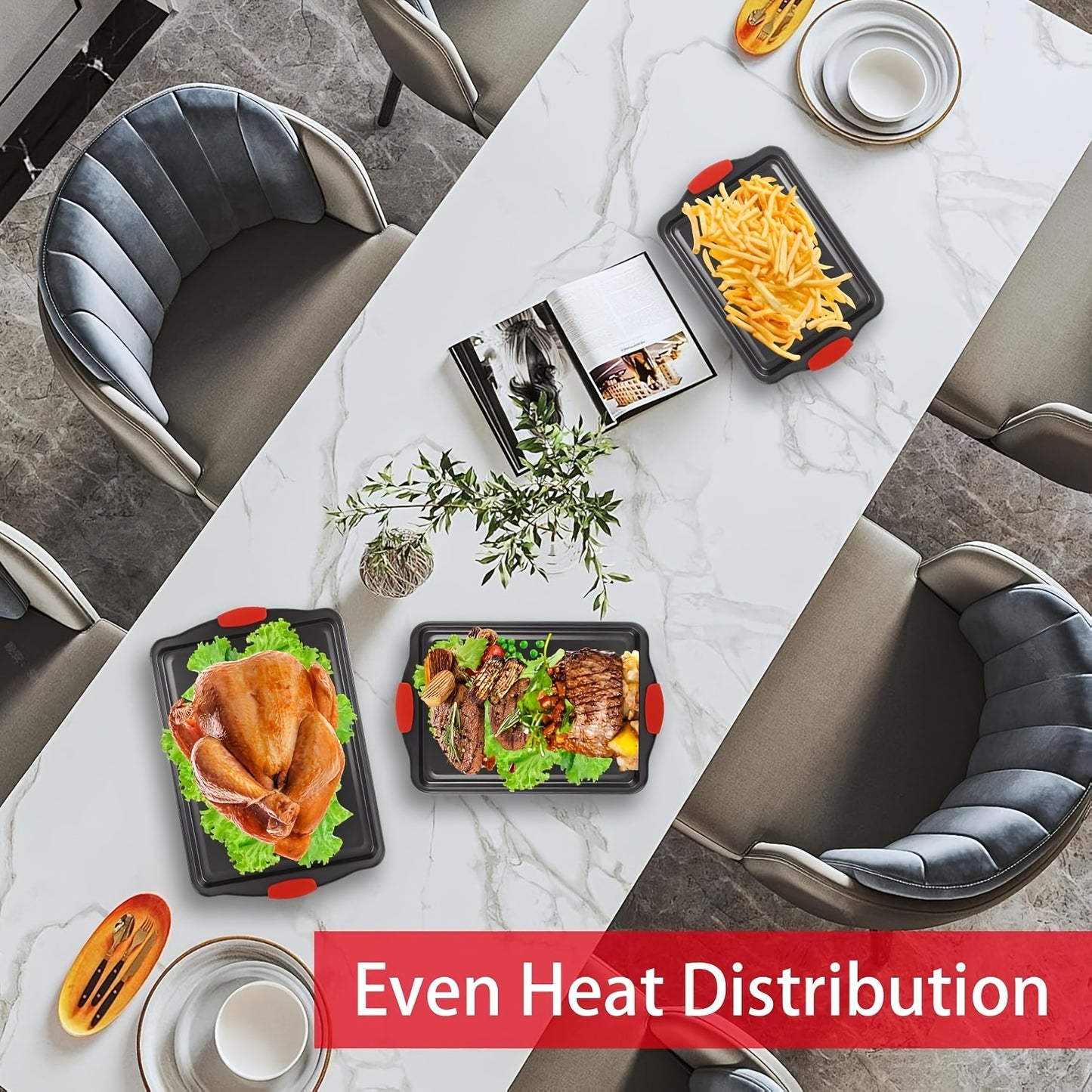 3 PCS Set Non-Stick Pan Baking Tray, with Red Silicone Handle, Kitchen Baking Plate, Heat-resistant and Non-Sticking, Home Use Baking Tray, Cake, Oven Cookie Baking, Rectangular Cookie Tray, Easy to Clean, Suitable for Cookie