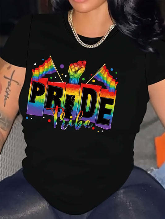 Women's Pride Rainbow Graphic T-Shirt - Black Casual Short Sleeve Round Neck Top with Bold "PRIDE" Lettering & Geometric Design, Semi-Sheer LGBTQ+ Celebration Apparel, Machine Washable Regular Fit, Allseason Wear, Relaxed Fit