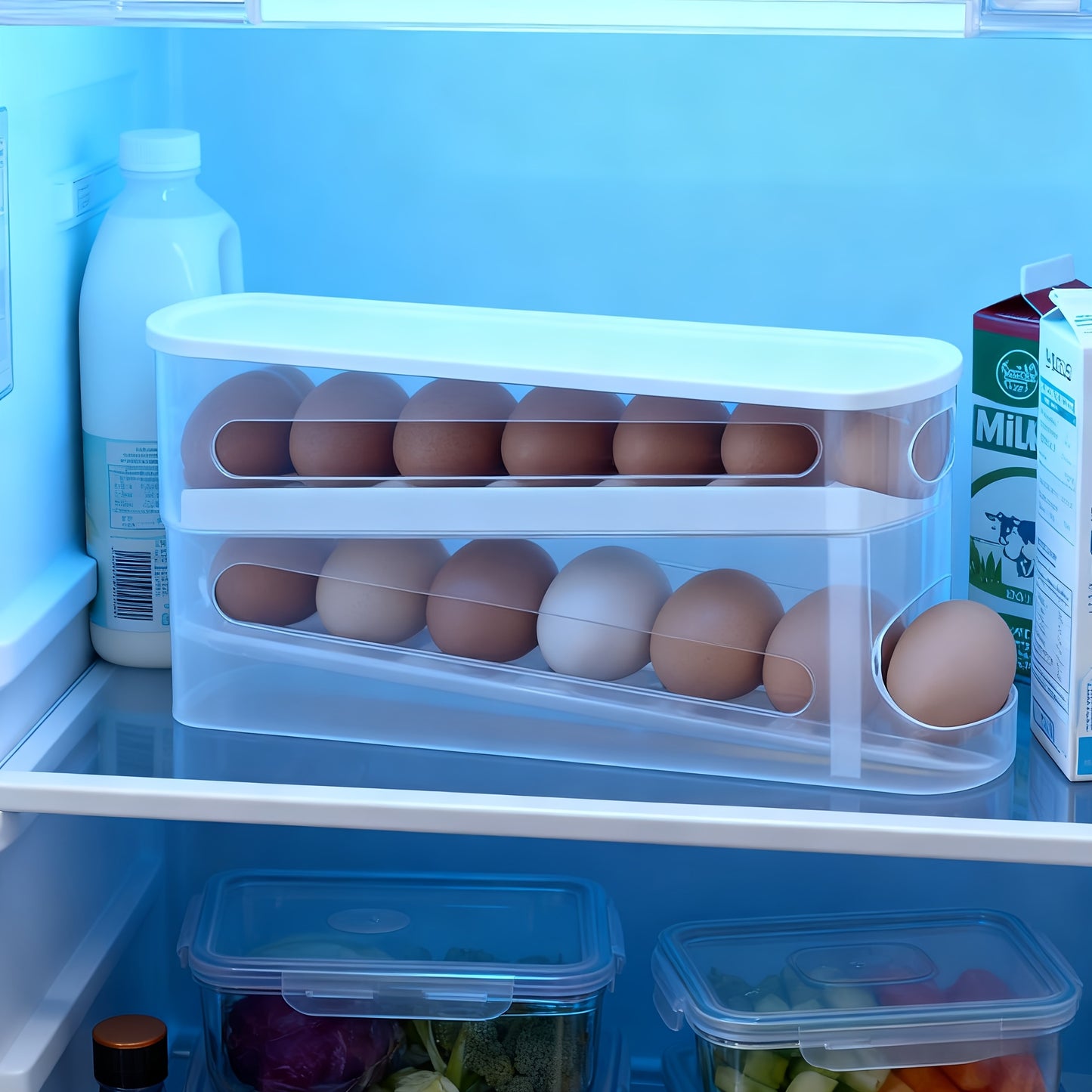 Space-Saving Refrigerator Side Door Rolling Egg Storage Box - Durable Plastic, No Batteries Needed, 2-Tier Transparent Compartments for Easy Egg Access & Organization, Kitchen & Fridge Organizer, Egg Organizer for Refrigerato