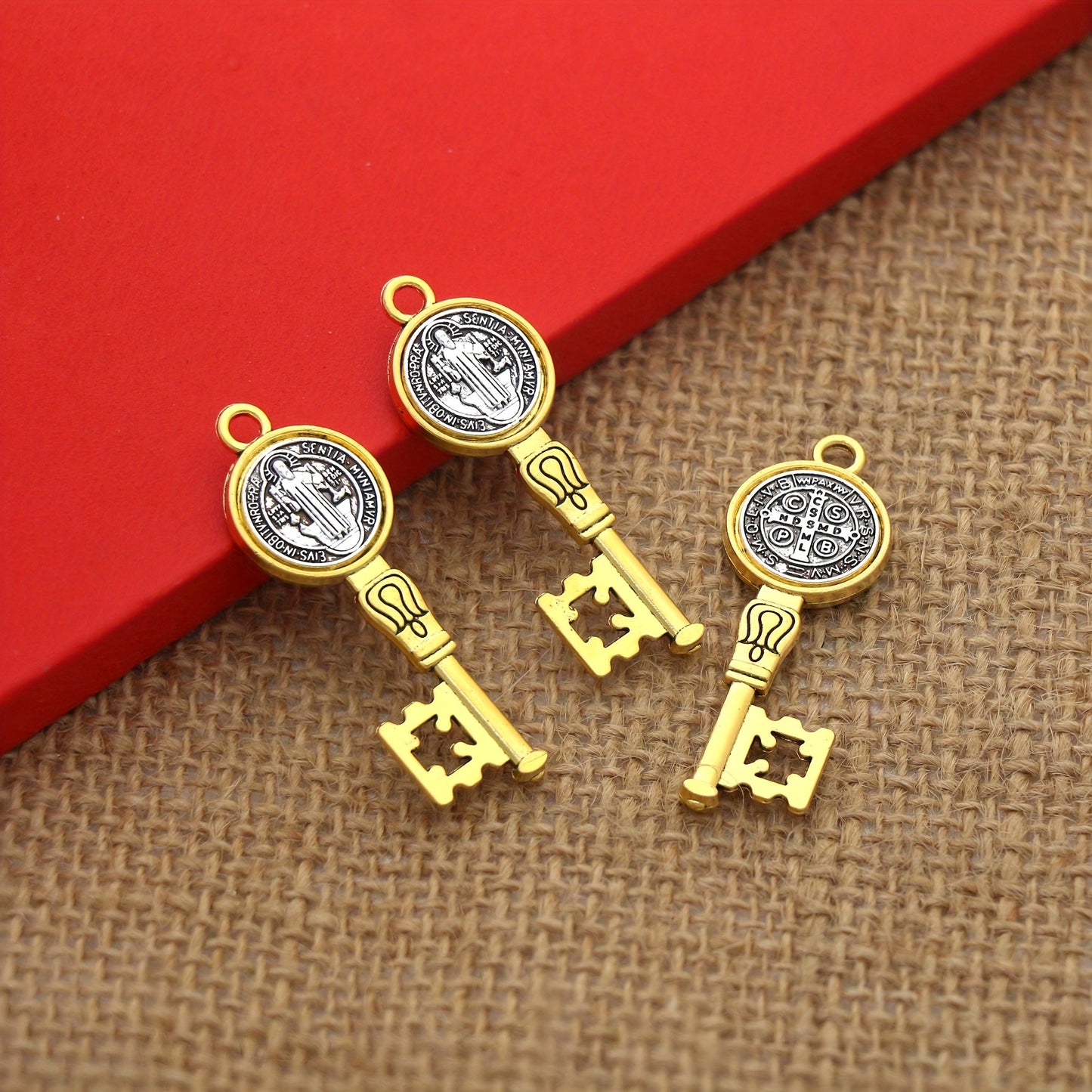 3 PCS Set  St. Benedict Medal Key Pendants - Antique Brass-like Oxidized Finish, with Hanging Hole - Catholic Religious Jewelry for Necklace, Keychain - Durable Metal Medal Charms for Everyday or Special Occasions - Compatibl