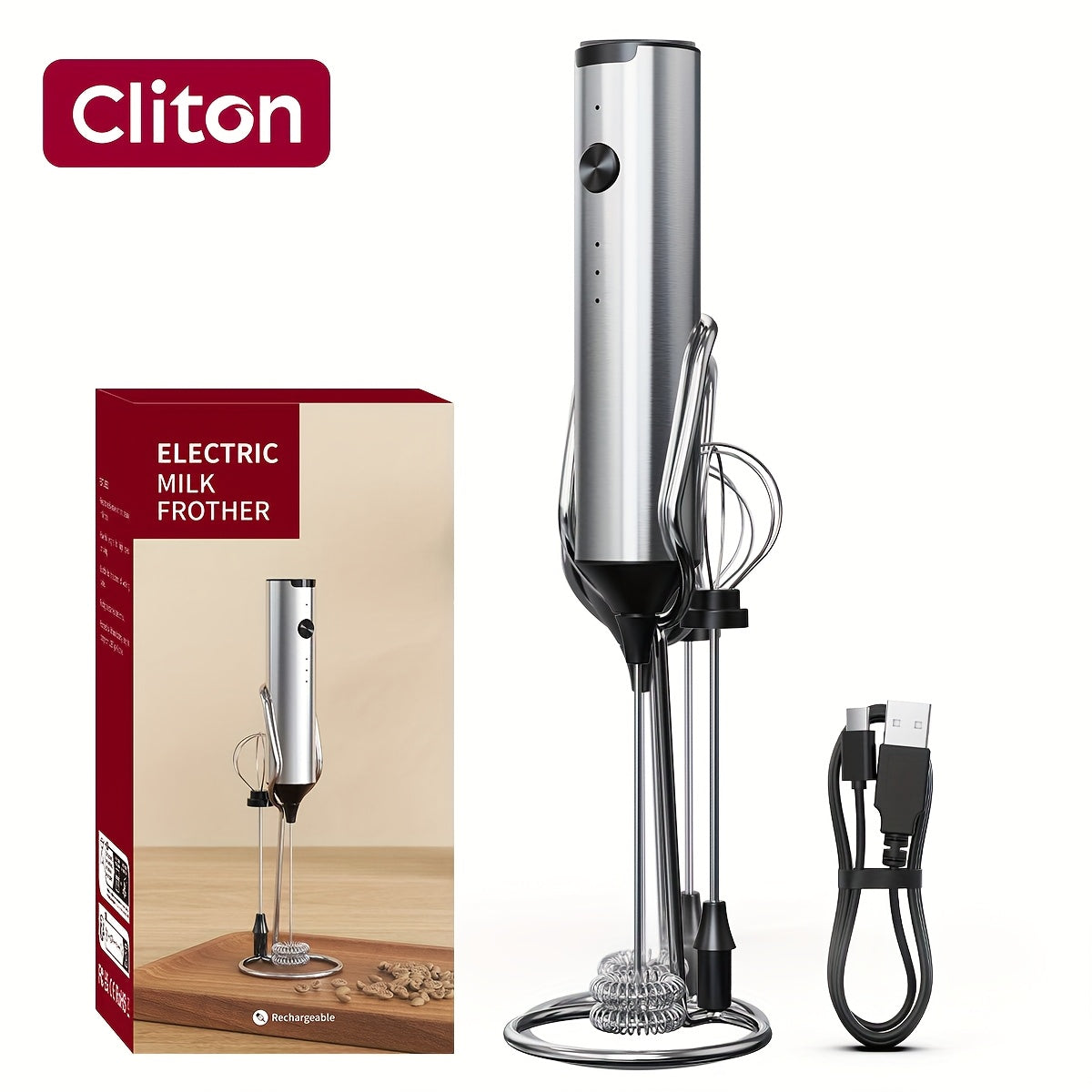 Rechargeable Electric Milk Frother, Handheld Foam Maker Whisk with 2 Heads 3 Speeds Drink Mixer, Built-in Mixing Heads for Both Milk Beaters And Egg Beaters, Quick Foaming Coffee Whisk for Coffee, Latte, Wedding Gifts, Portab