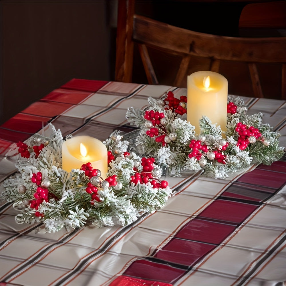 Christmas Wreath with Holly and Berries, Plastic Tabletop Candle Holder, No Electricity Needed, Ideal for Holiday and Home Decor, Festive Table Centerpiece|Wreathed Candle Holder|Plastic Wreath, Candle Holder Decor