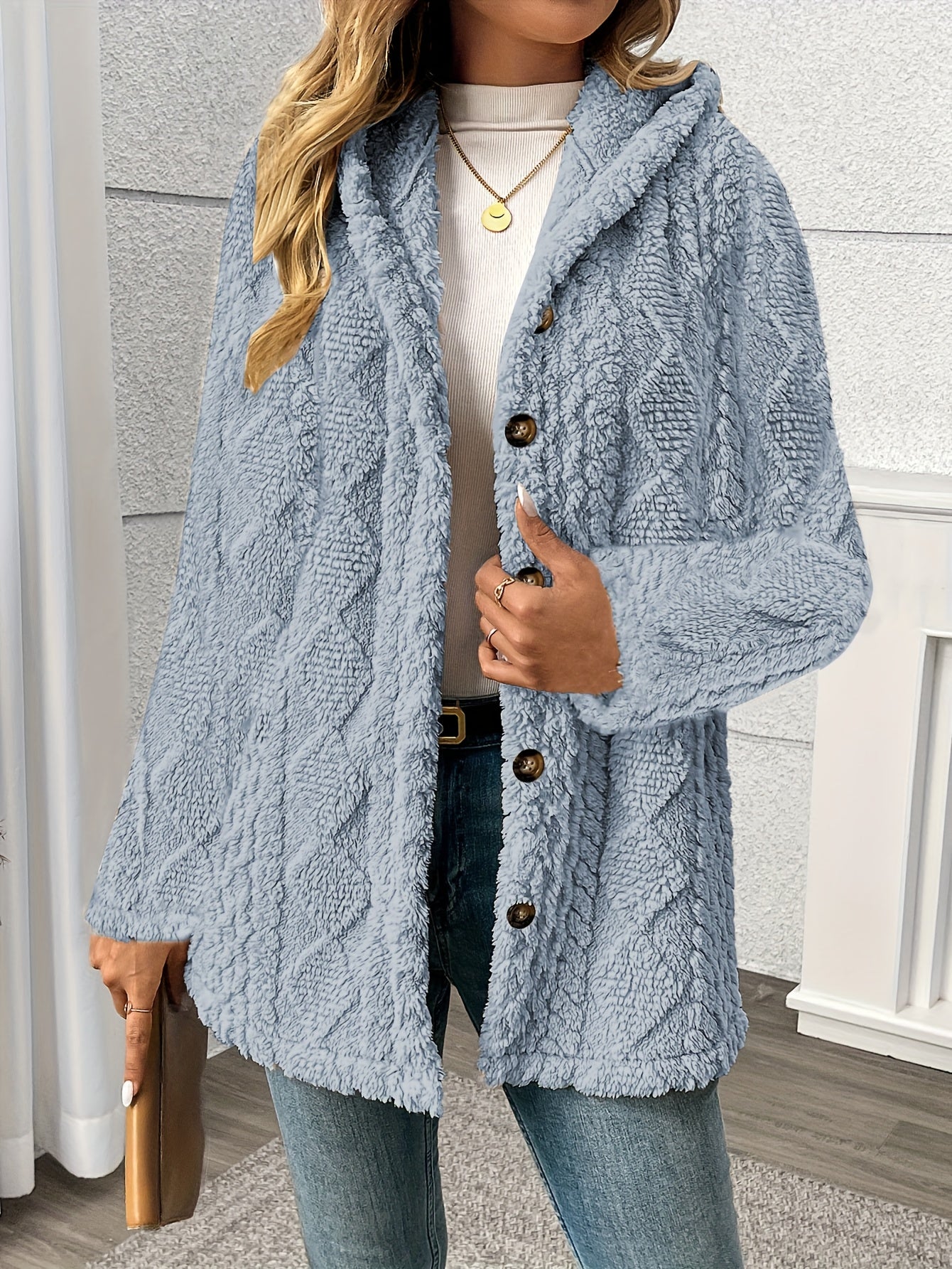 4 Colors Women's Elegant Rhombus Texture Hooded Teddy Bear Jacket - All-Season Button-Front Coat with Side Pockets, Soft Plush Fabric, Machine Washable, Versatile Casual to Formal Outerwear, Everyday Comfort Wear, Durable But