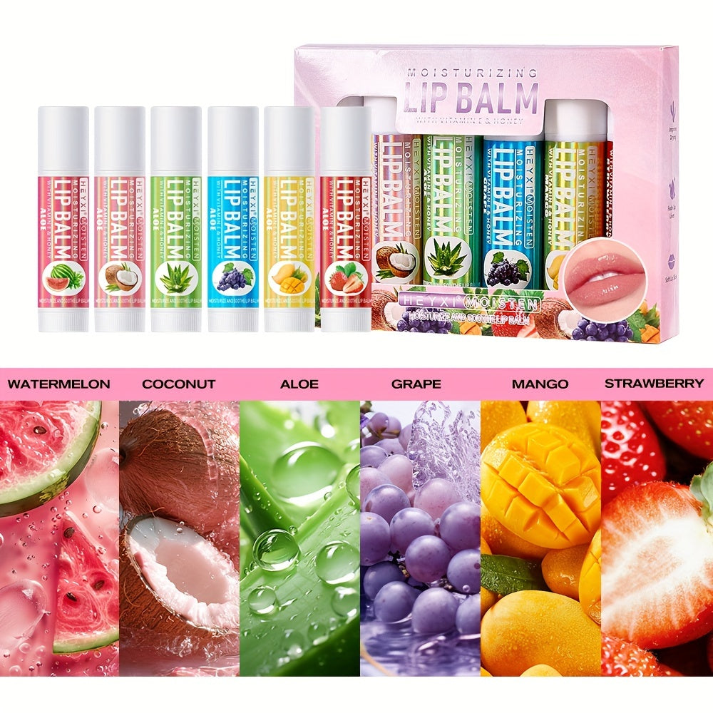 NEW Arrivals 6-PCS Set Fruit Flavored Lip Balm Gift Set - Unisex Natural Finish Moisturizing Lip Butters with Watermelon, Coconut, Aloe, Grape, Mango & Strawberry - Alcohol-Free for All Skin Types