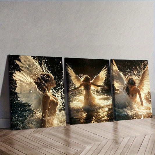 2D Flat Wrapped Canvas Painting 3pcs Set, Water Angel Canvas Wall Art, Modern Decorative Art Style, Wooden Frame Wrapped Canvas, Indoor Portrait Direction, Luxurious Wall Decoration, Suitable for Home, Office, Living Room, Di