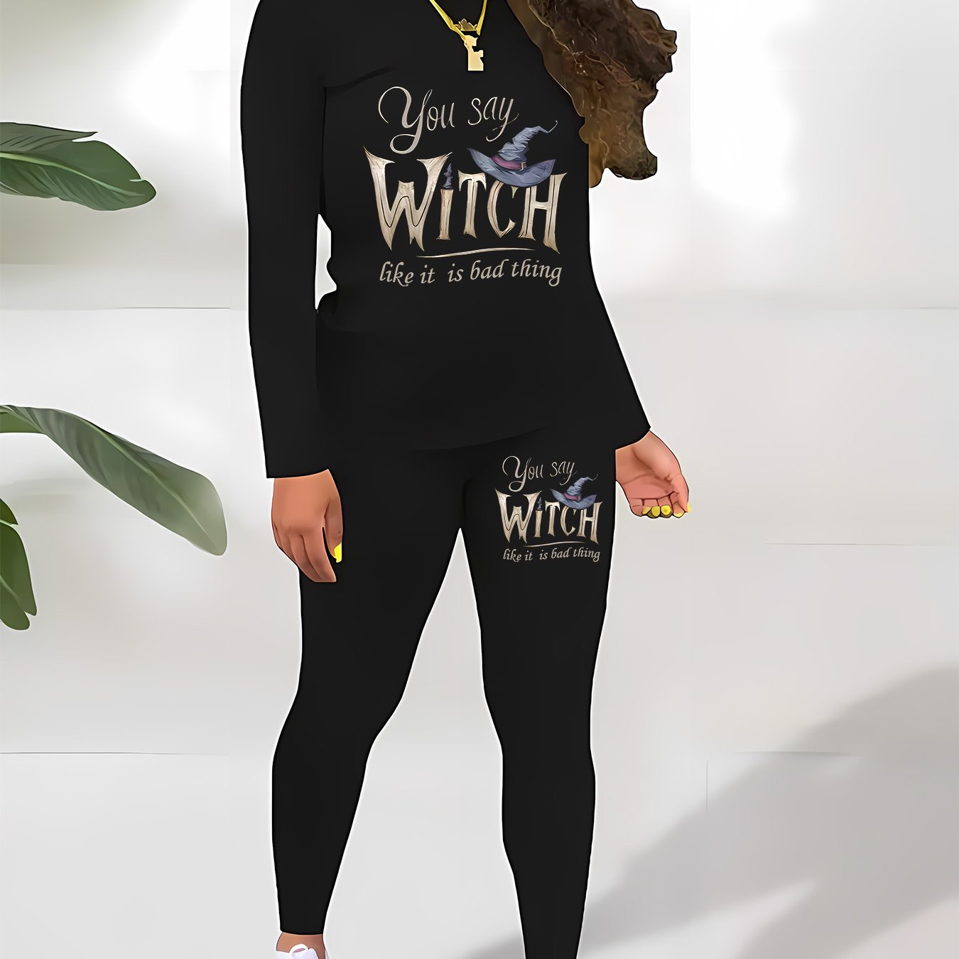2 PCS Set Women's Casual Long Sleeve T-Shirt and Pants with "You Say Witch Like It Is Bad Thing" Witch Hat Print, Machine Washable, Soft & Breathable Fabric, Halloween Outfit Clothes, Halloween Sets