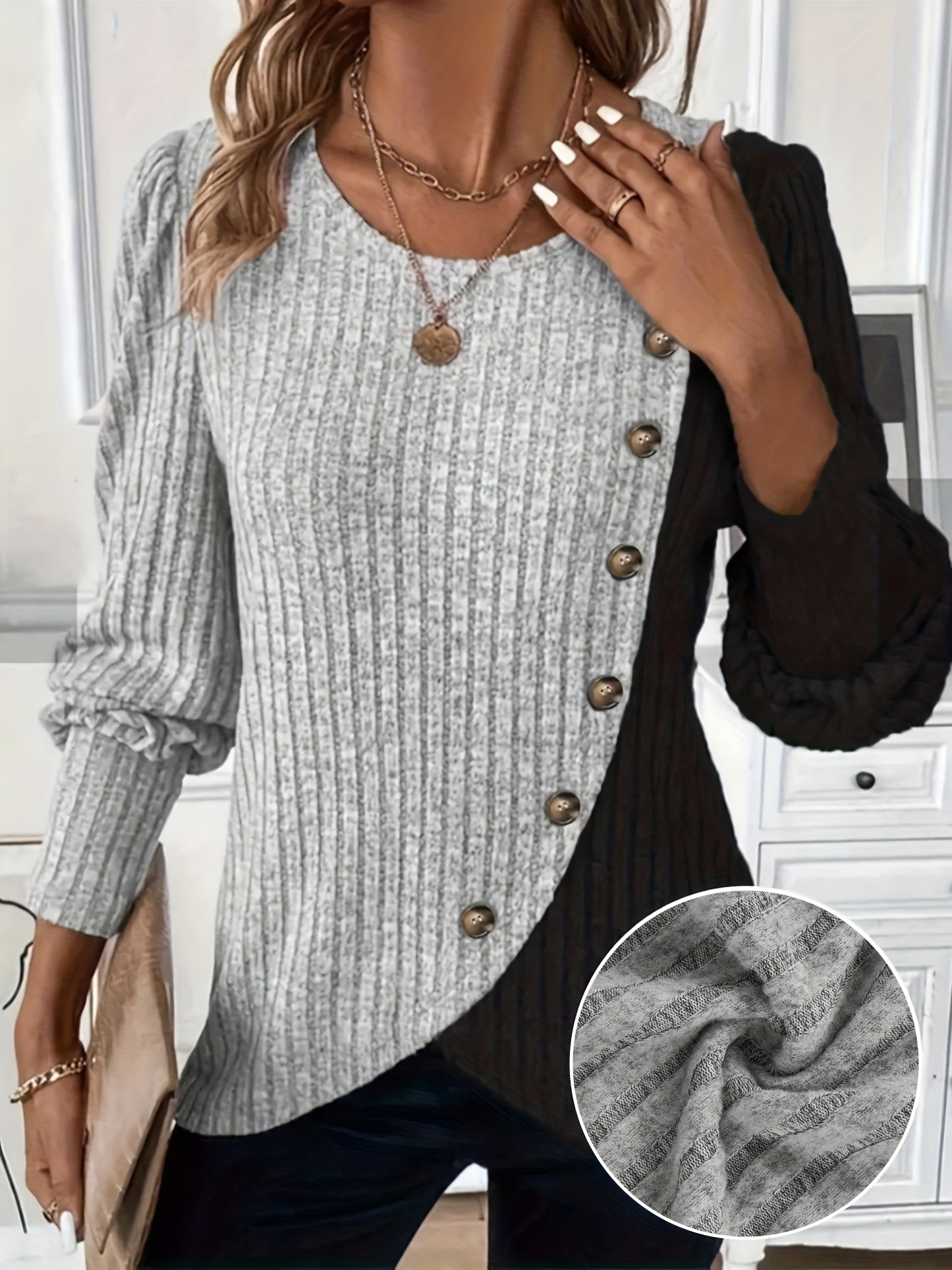 For Curvy Ladies L-3XL UK (16-24) Plus Size - New Autumn And Winter Collection of Solid Color Long-Sleeve Ribbed Button-Slit Oversized Women's Shirts, Elegant Tops