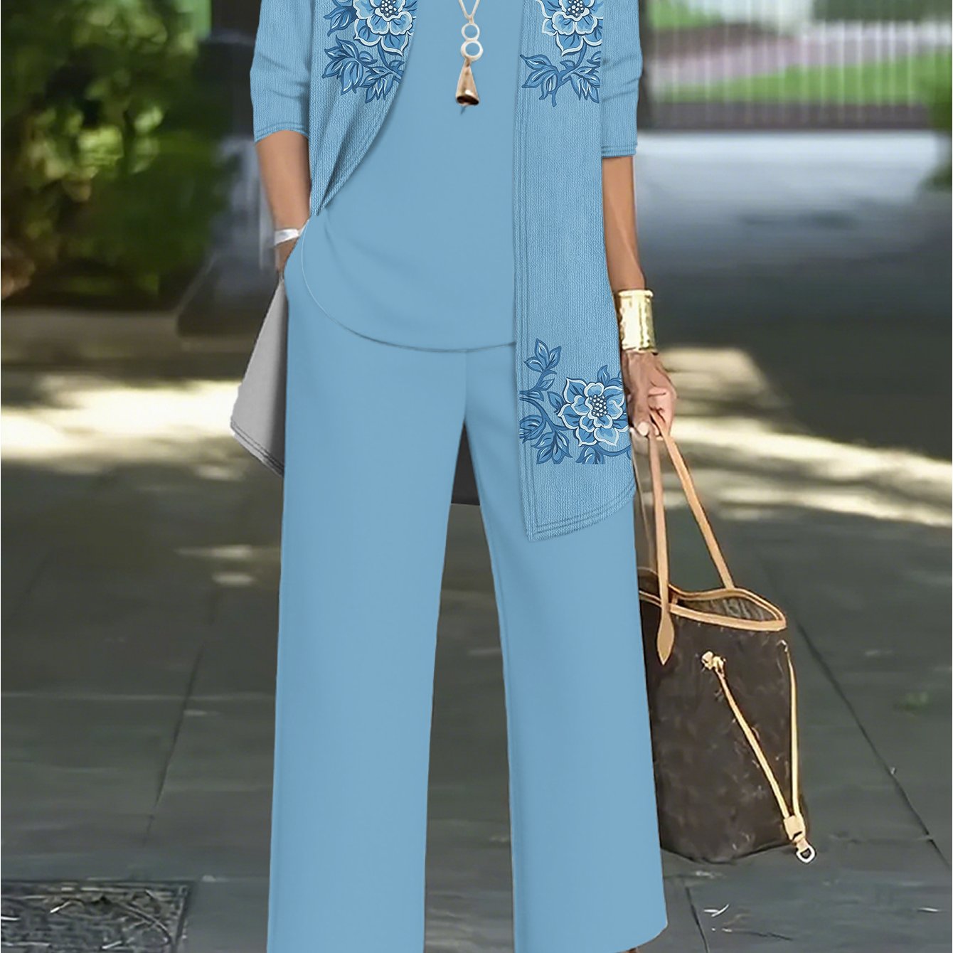 For Curvy Ladies 3 PCS Set XL-5XK UK (18-26) Plus-Size Women's Blazer Suit with Camisole, Pants & Jacket - Full-Body Print Round Neck Matching Outfit, Machine Washable Coordinated Ensemble for, Semi-Formal Events & Casual Att