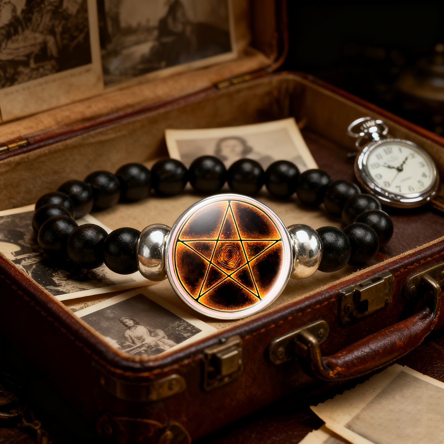 A Packaged Item (Teenager's Classic Style Black Plastic Bead And Chain Bracelet), Featuring a Unique Design with a Mysterious Pentagram Pattern Surrounded by Golden Light And Spiral Textures