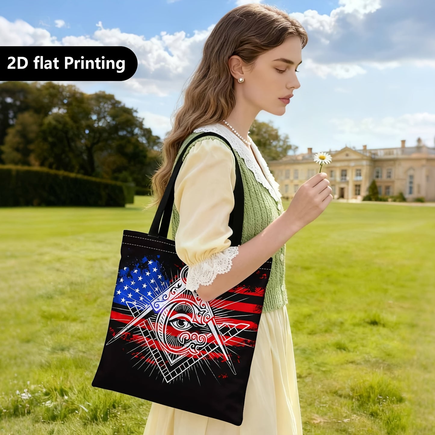 Spacious Tote Bag for Women, Perfect as a Versatile Everyday Carryall for Work, Masonic Symbol, American Flag, Illuminati Eye,Grocery Shopping, Beach Day, and Casual Weekend Outings.