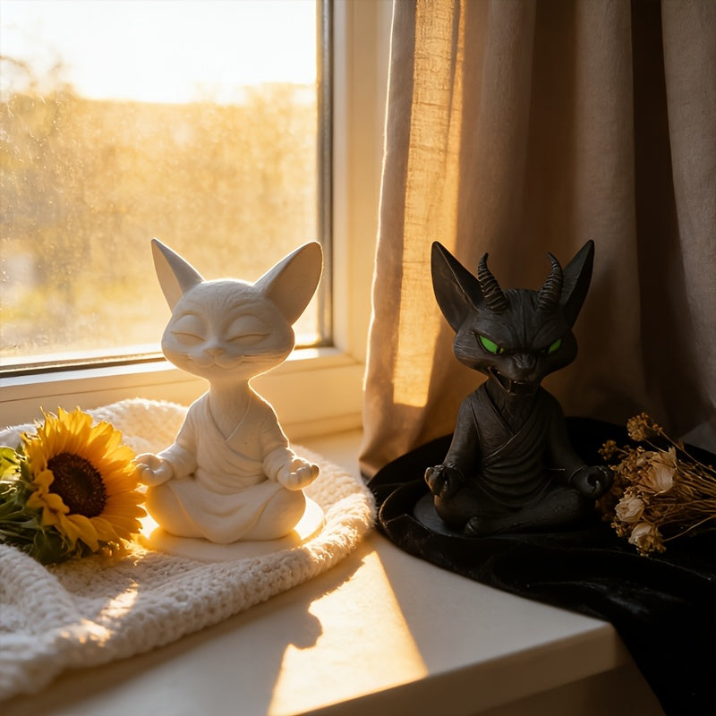 2 PCS Black and White Cat Set Zen Dual Face Cat Statue - Black & White Meditation Figurine with Dual-Sided Zen/Buddha Expression, Plastic Suitable for Home Office Desk Decor, Zen Gift for, Minimalist Tabletop Decoration