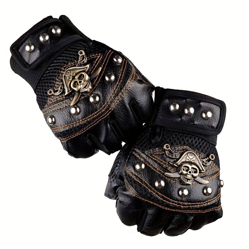 Gothic Scull Skeleton Outdoor Sports Gloves, Skull Half-Finger Gloves, Pirate Gloves,  Rivet Women Men's Sports Gloves