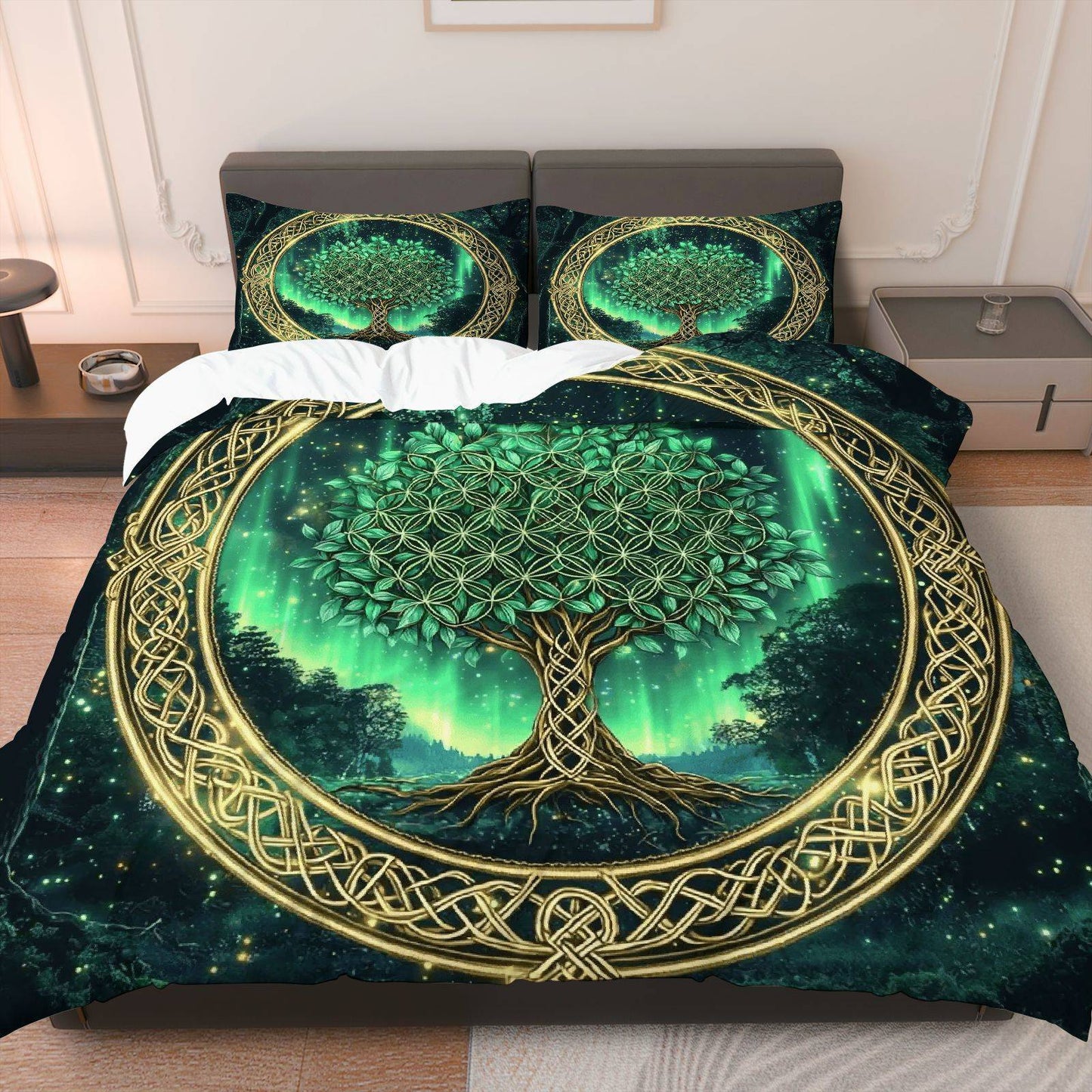 3 PCS Set *TREE OF LIFE* Duvet Cover Set, 1 Duvet+2 Pillowcases (Without Filler), Celtic Tree of Life Green Aurora Fantasy Theme, All Season Bedding Set, Mystical Forest Suitable for Decoration Bedroom Living Room Guest Room