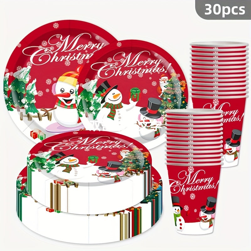 30pcs Festive Christmas Party Tableware Set - 22.86cm & 17.78cm Snowman Themed Paper Plates and Cups with "Merry Christmas" Design, Food-Safe Paper for Holiday Celebrations, Christmas Decorations, Perfect for Thanksgiving for