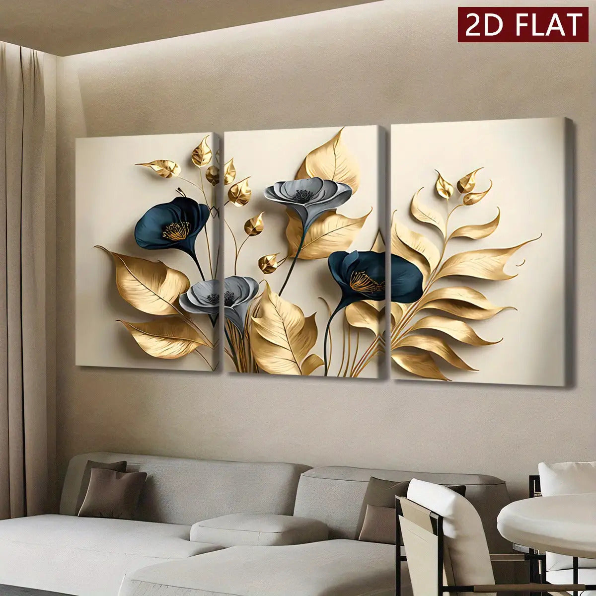 [2D Flat] Three Wooden Frame Canvas Wall Art - Modern Abstract Design Featuring Golden Leaves And Flowers, High-Definition 8K Odorless Indoor Wall Decoration, Suitable for Living Rooms, Bedrooms, And Offices - Contemporary Ho