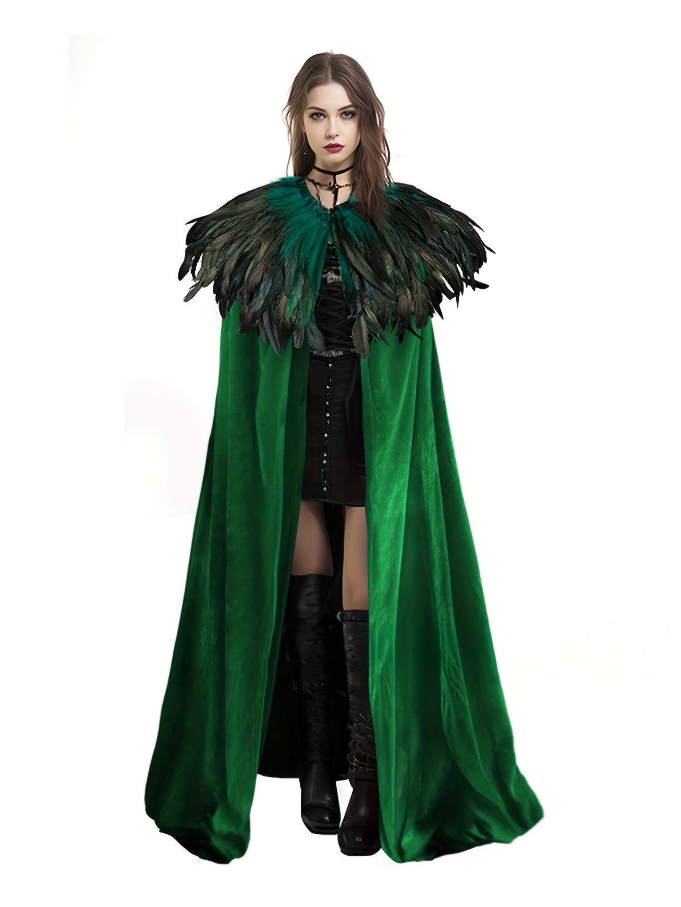 2 PCS Set Gothic Witch Robe & Cape Set - Long Sleeve, Green &, Perfect for Halloween & Carnival Costumes, Stage Props, Fall/Winter Wear, Vintage Style | Knotted Detailing, Witchcraft Clothing Supplies
