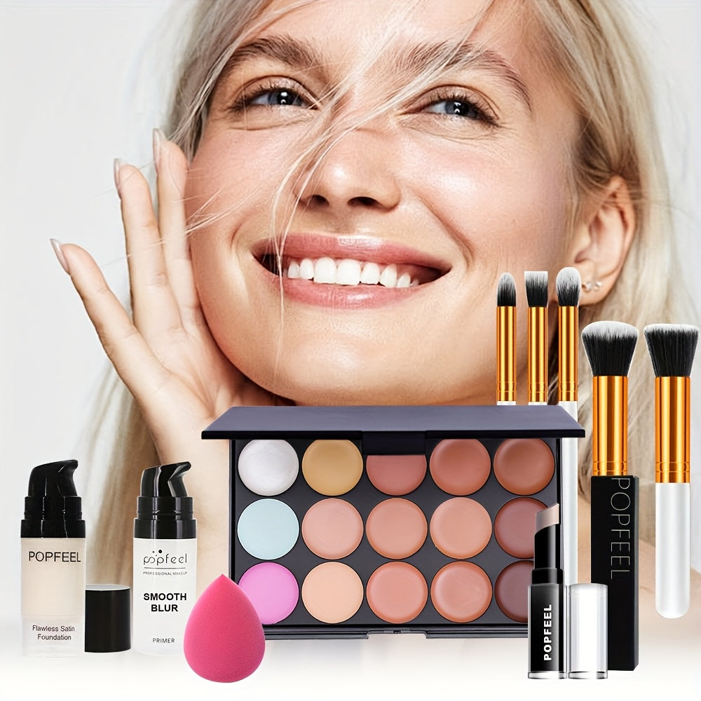 Complete Face Makeup Kit with Face Edit Palette - Waterproof & Sweatproof Long-Lasting Full Coverage, 12-in-1 All-in-One Palette with Primer, Foundation, Concealer, Powder, Blush, Contour, Highlighter, Bronzer, Eyeshadow, Li