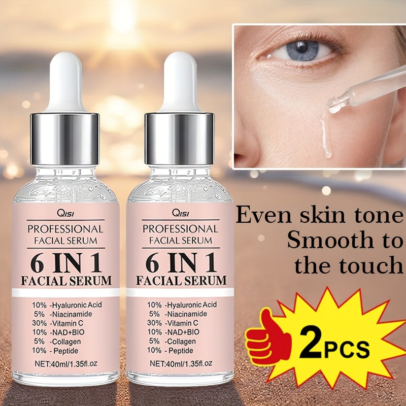 This Set Includes 2 Bottles of 6 IN 1 Facial Serum, Featuring Hyaluronic Acid, Collagen, Niacinamide, Peptides, And NAD+BIO. It Offers a Firming And Moisturizing Formula Suitable for All Light Skin Tones, Is Non-Irritating, A