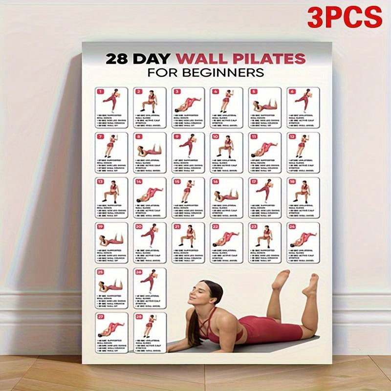 3 PCS Set Home Gym Pilates for Beginners: 28-Day Workout Planner with Step-by-Step Illustrated Exercises - Frameless Yoga Guide Suitable for Home Gym, Studio, Bedroom - Detailed Pilates Routines & Progress Tracker for New Cli