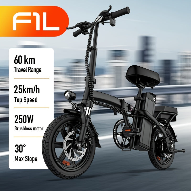 35.56cm Folding E-Bike with 250W Motor & 48V 360Wh Removable Battery - 40-60KM Range, 3 Modes Lightweight Alloy Steel Frame, Disc Brakes, Black Urban Commuter Bike for Men & Women, Foldable Design for Easy Storage, Electric B