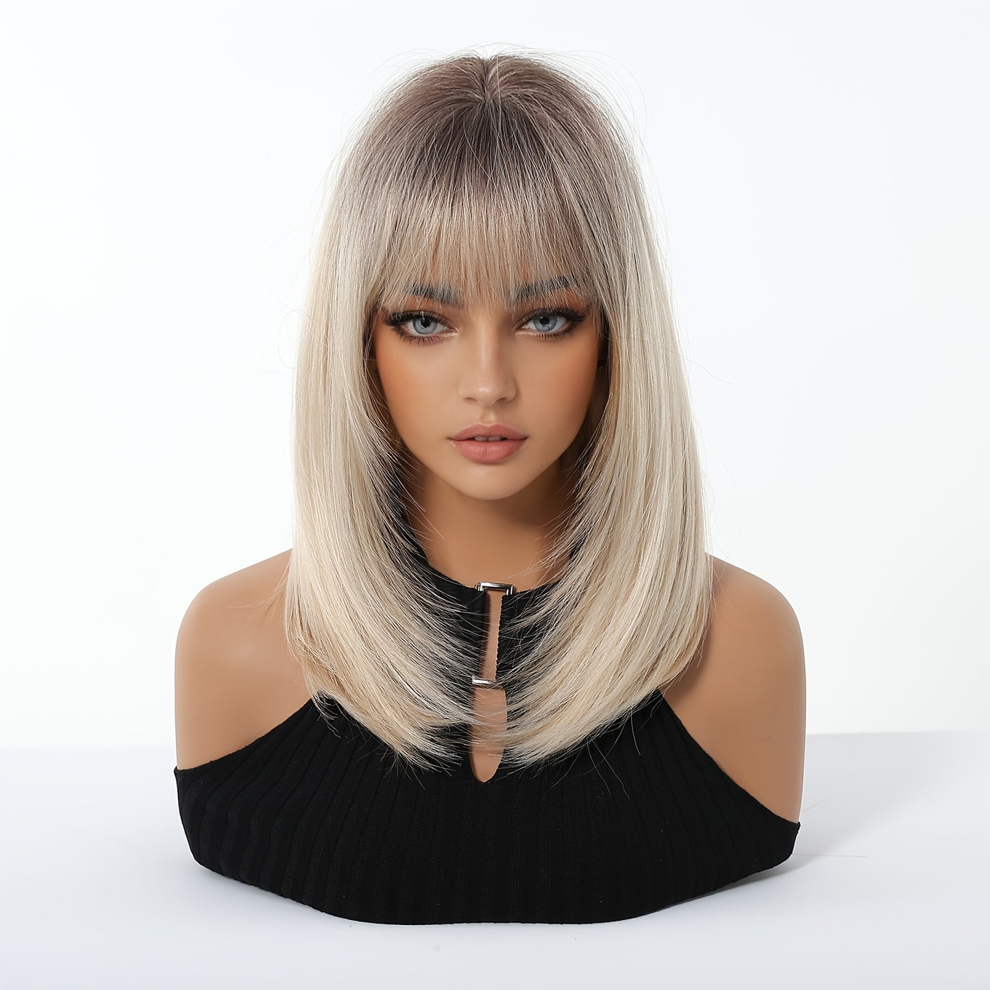 NEW Women's Short Straight Bob Wig with Bangs - White/Golden Dark Root Short Cut Synthetic Hair, Heat-Resistant Fiber Suitable for Daily Use, Parties, Photo Shoots - No Lace Front Women Hair Care Supplies