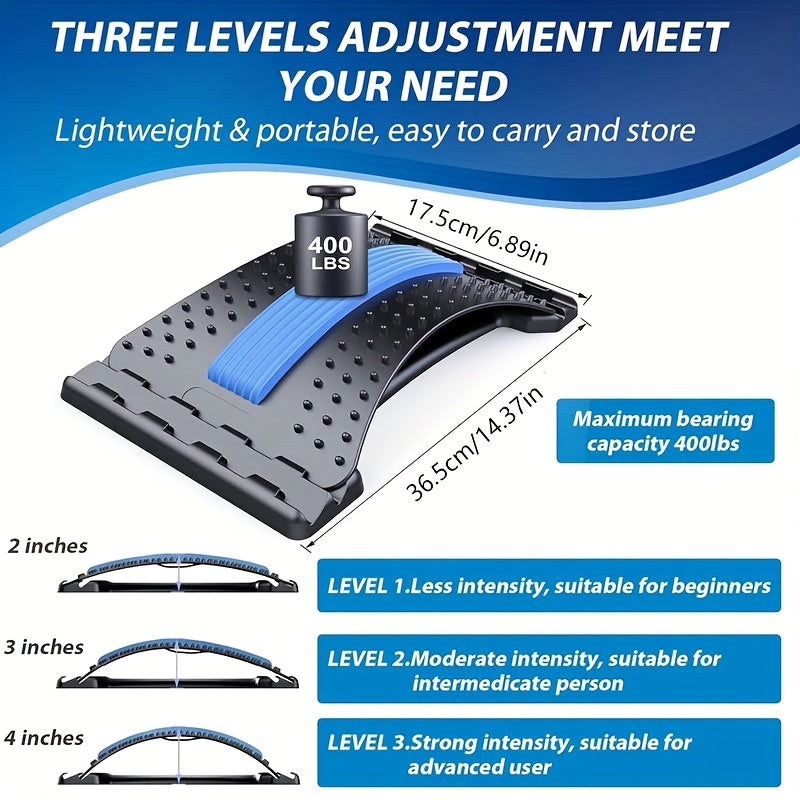 NEW 3-Level Adjustable Back Stretcher & Posture Corrector | Ergonomic Lumbar Support with Massage Function, Secure Grip Handles, for Upper & Lower Back, Office, Car, Home Use, Durable PP Construction.