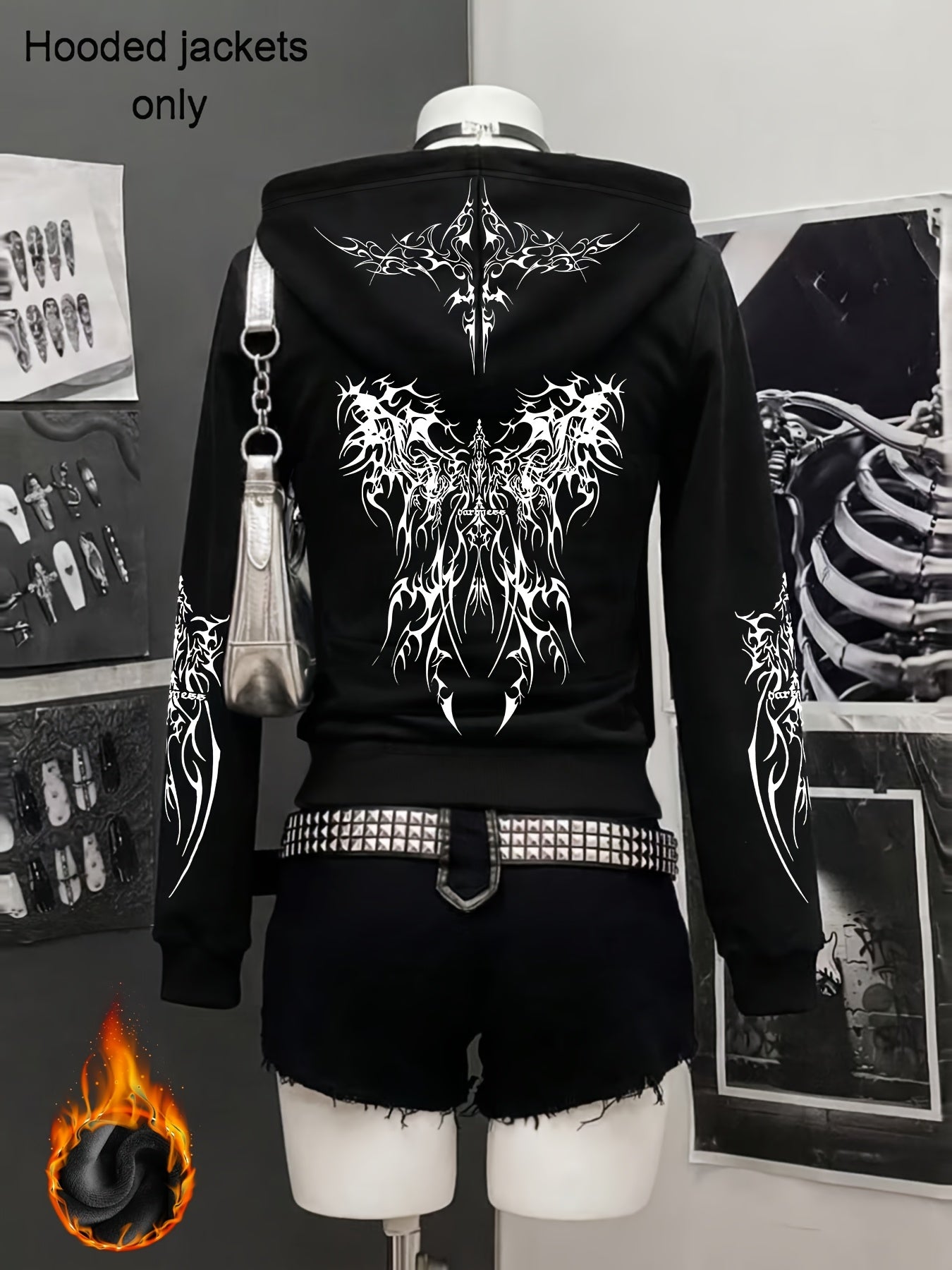 Autumn And Winter Y2K Gothic Style Printed Trendy New Zip Design Thick Plush Black Hooded Zip Jacket, Black Cardigan for a Casual And Relaxed Commuting Look