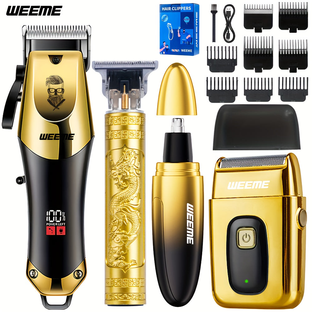 4pcs Men's Golden Electric Hairdresser Set, Household Beard Building Kit. Electric Hair Clipper + Electric Shaver + Electric Nose Hair Trimmer + Fine Trimmer. Used for Home, Car and Travel. Gifts for Fathers, Husbands, Sons,