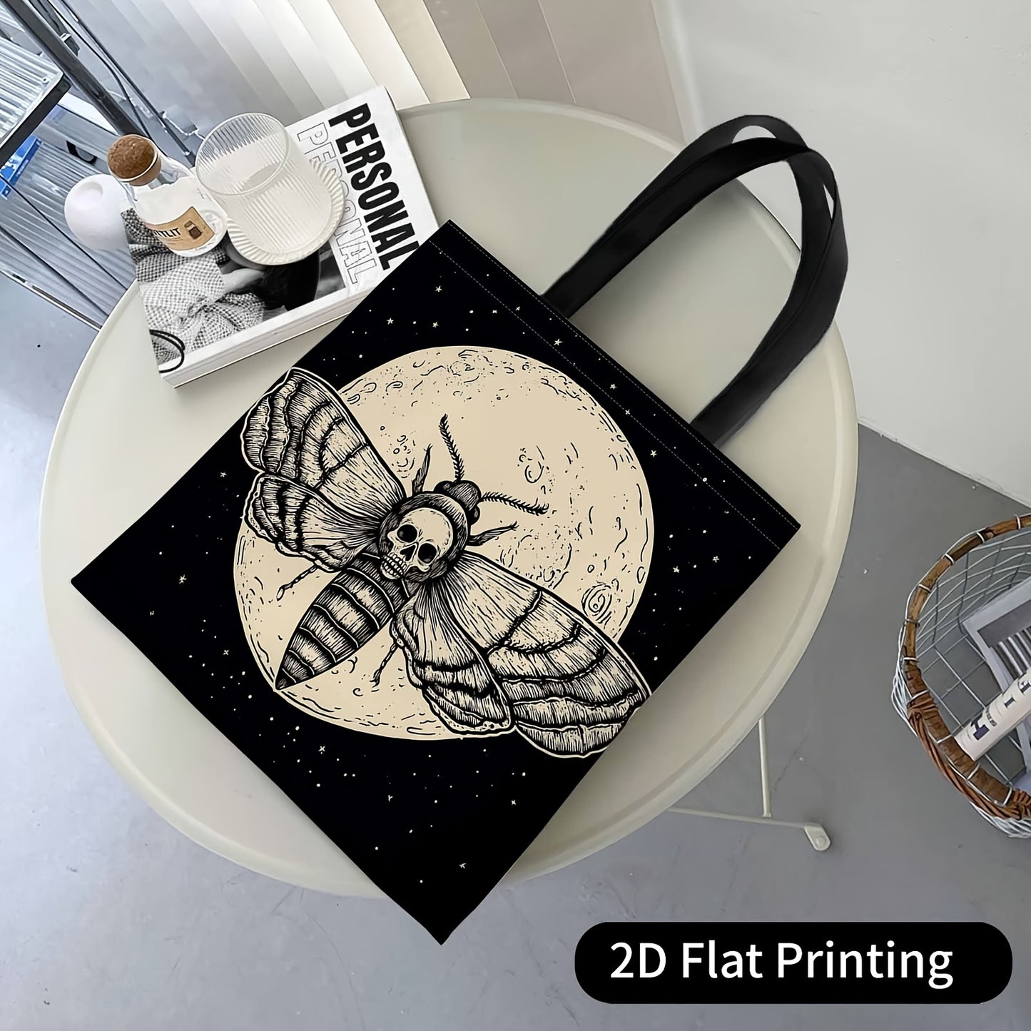 Gothic Moth & Skull Women's Tote Bag - Reusable Machine-Washable Lightweight Handbag with Moth Skull Moon Print, Casual Multifunctional Purse for Daily Use, Parties, Shopping