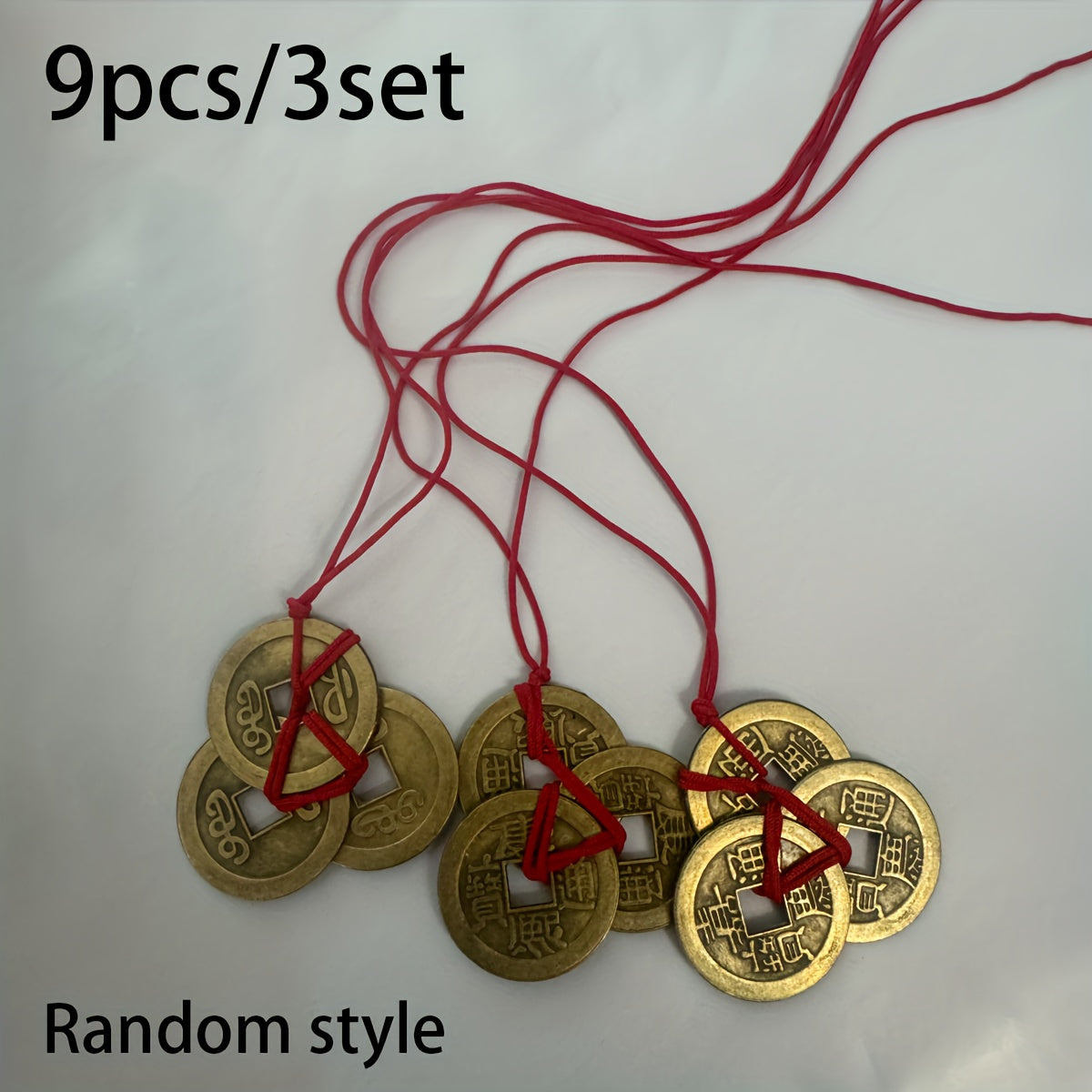 NEW 9 PCS  Retro Chinese Traditional Red Rope Lucky Coins - Antique Brass Feng Shui Decorative Pendant, Feng Shui Decoration, New Year, Spring Festival, Christmas Decoration, Feng Shui Accessories