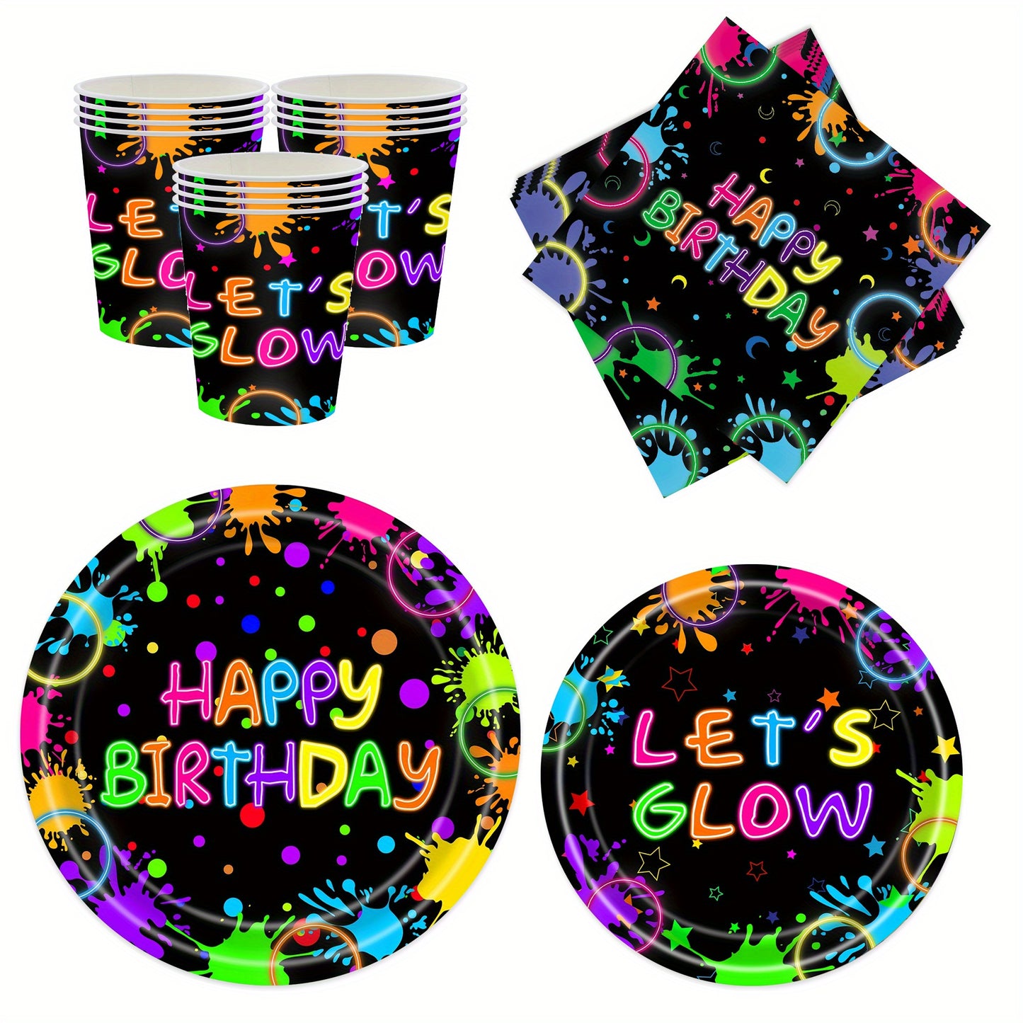 85pcs Glow-in-the-Dark Birthday Party Supplies Set - Neon Glow-in-the-Dark Plates, Cups, and Decorations for a Fun and Festive Celebration, Party Supplies | Neon Glow Effect | Paper Plates, Birthday Party Decorations, Paper N