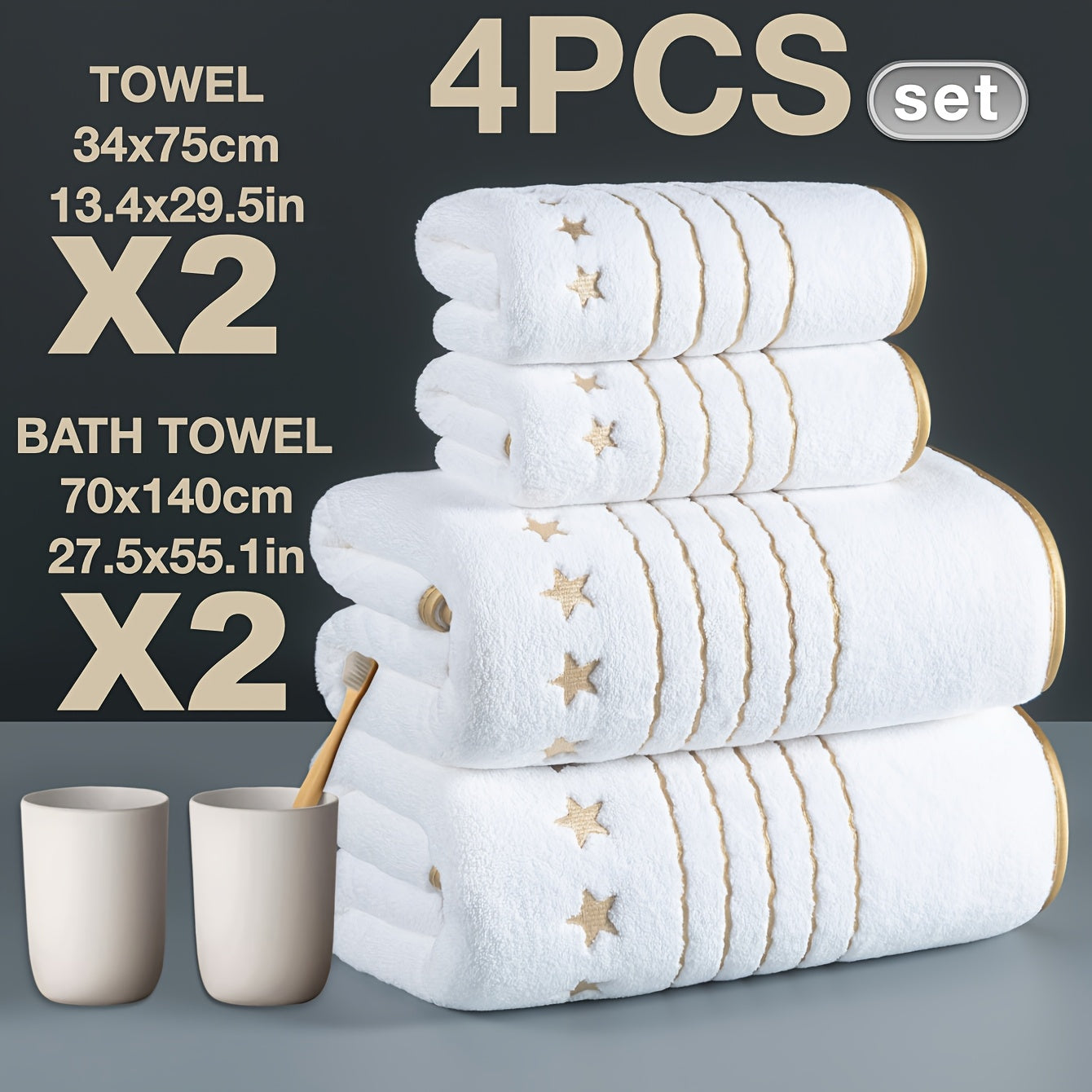 4/6-PCS Set Ultra-Soft Golden Thread Light Luxury Five-Star Embroidered Towel Bath Towel Set, 2 Bath Towels 69.85 X 139.95 cm, 2 Hand Towels 34.04 X 74.93 cm, 2 Washcloths 34.04 X 34.04 cm, Perfect for Home, Hotel, and Spa Us