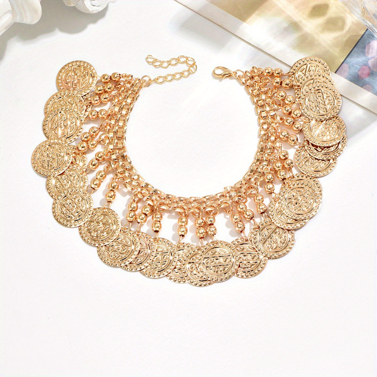 Silvery and Golden Vintage Metal-Style Ancient Coin Bead Tassel Anklet Suitable Women's and Girls  Everyday Wear for Islands Vacation Beach Footwear Outfits Jewelry Accessories