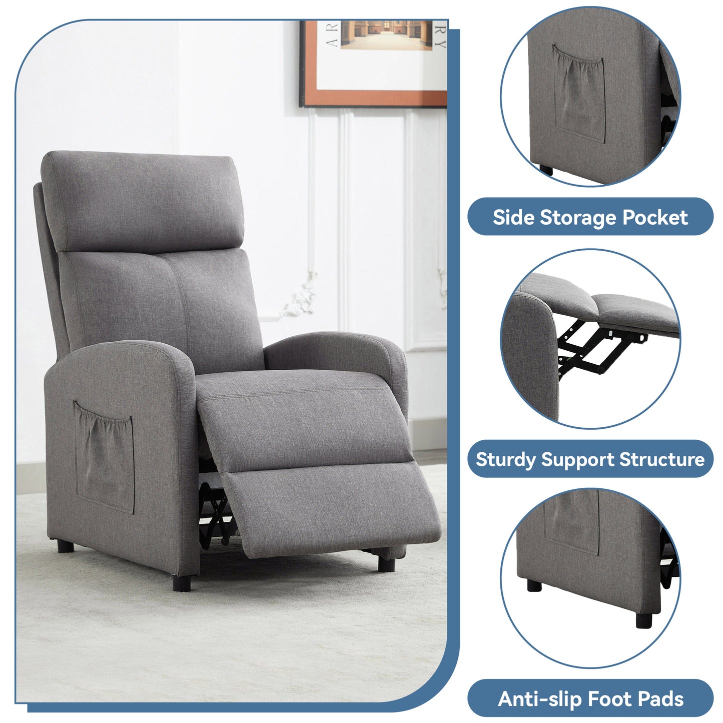 Push Back Recliner Chair Bed , Single Sofa with Lumbar Support, Padded Backrest, Side Pocket and Adjustable Leg Rest for Home Living Room