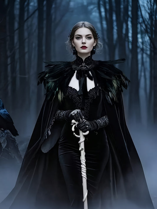 2 PCS Set Gothic Witch Robe & Cape Set - Long Sleeve, Green &, Perfect for Halloween & Carnival Costumes, Stage Props, Fall/Winter Wear, Vintage Style | Knotted Detailing, Witchcraft Clothing Supplies