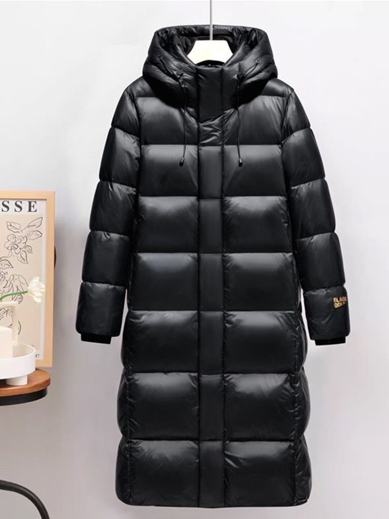 Men's Winter Hooded Down Jacket - Thickened Warm White Duck Down Coat with Pockets, Solid Black & Golden Accents, Casual Style for Cold Weather, Winter Coat, Cold Weather Apparel, Minimalist Design, Durable Outerwear