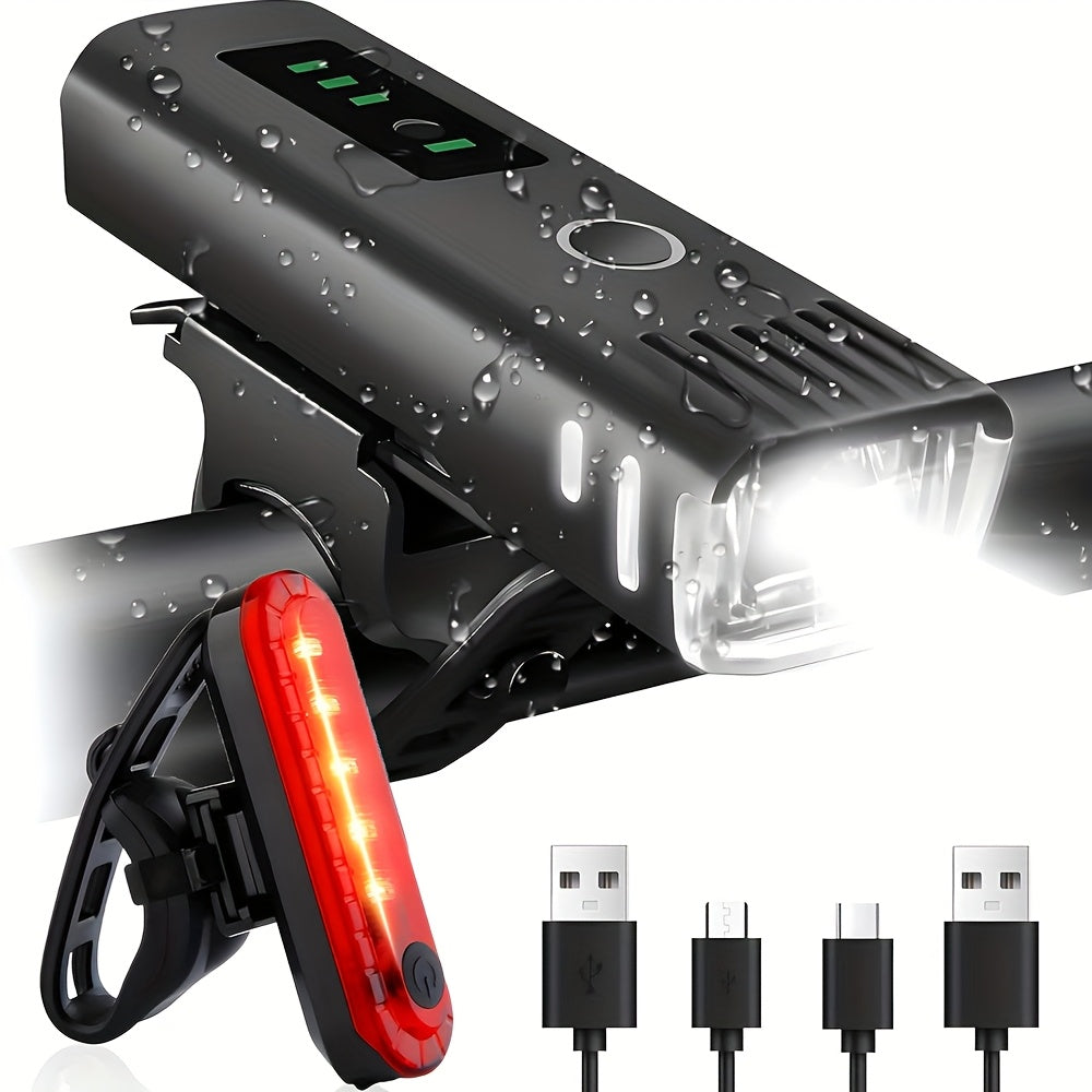 Super Bright USB Rechargeable Bike Light Set - 4-in-1 Smart Sensor, USB/CB-Powered Front & Rear Lights with USB-Powered Charging, Waterproof, Compatible with USB-C/Cigarette Lighter/DC, for Mountain/Road/Commuting/EBike - Lon