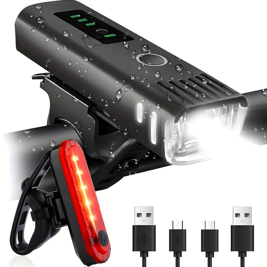 Super Bright USB Rechargeable Bike Light Set - 4-in-1 Smart Sensor, USB/CB-Powered Front & Rear Lights with USB-Powered Charging, Waterproof, Compatible with USB-C/Cigarette Lighter/DC, for Mountain/Road/Commuting/EBike - Lon