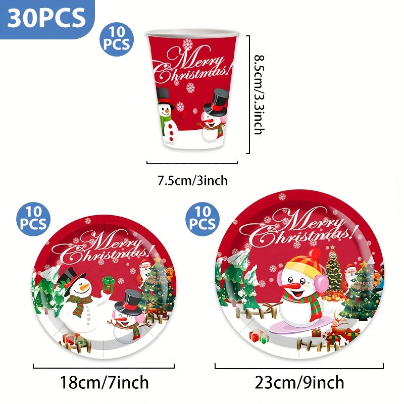 30pcs Festive Christmas Party Tableware Set - 22.86cm & 17.78cm Snowman Themed Paper Plates and Cups with "Merry Christmas" Design, Food-Safe Paper for Holiday Celebrations, Christmas Decorations, Perfect for Thanksgiving for