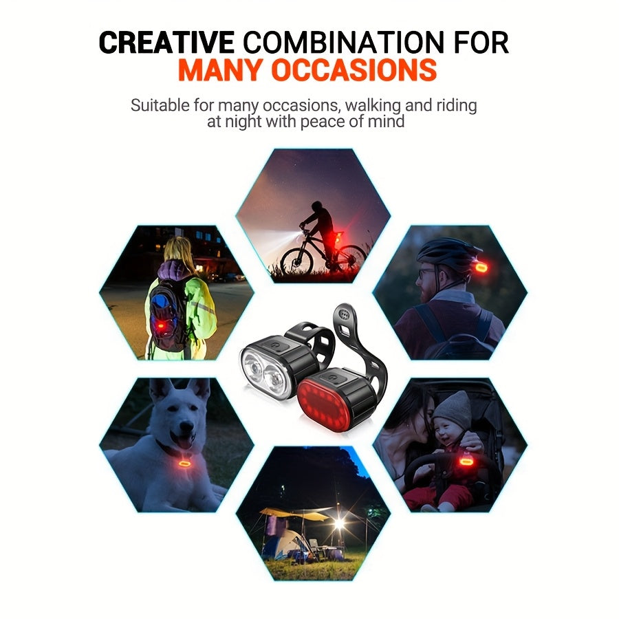 2 PCS Set of Bicycle Front and Rear Light Kit | Multi-functional LED Cycling Headlight and Taillight, USB Charging, Portable Night-time Cycling Floodlight, Easy to Install, Suitable for Night and Mountain Road Cycling